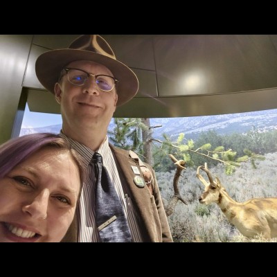 Ed with his friend Jennifer with a pronghorn on display at the University of Utah museum on a recent research trip in November of 2023.