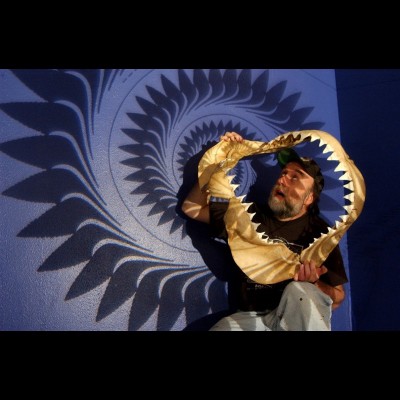 Ray holding the jaws of a great white shark (caught in Alaska!) within a projected whorl of Helicoprion 