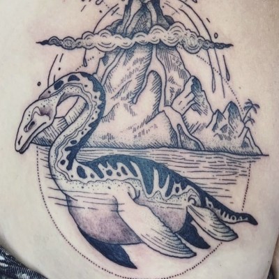 Here&rsquo;s my prehistoric tattoo! I&rsquo;m a geology major with a paleontology focus at South Dakota School of Mines and Technology. I was 7 years old the first time I saw the Plesiosaur in the Museum of Geology. It&rsquo;s a story I tell a lot, but I remember looking up at my dad and saying that&rsquo;s it. That&rsquo;s what I want to do. Fast forward almost 14 years and here I am having worked at this museum for 2 now, working on my degree. A couple of months ago, I got to repair the plesiosaur, gluing back together a cervical rib, and reattaching it. Even better, my dad got to watch me. @MackenzieBallouPaleo