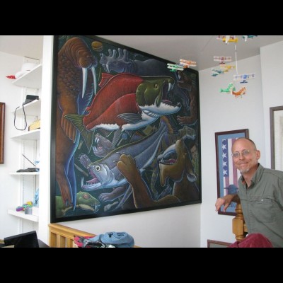Dave posing beside Ray&rsquo;s original mixed-media drawing "Saber Toothed Everything".
