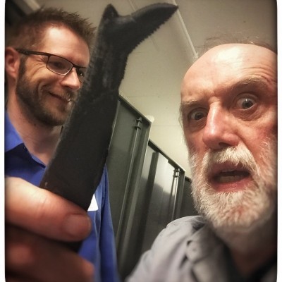 Ray and Leif goofing around with an Edestus tooth. That&rsquo;s one very long root on that tooth!