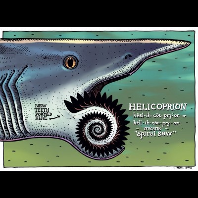 This is how the weird spiral of teeth grows in Helicoprion. As the shark grows larger it forms larger teeth in a &lsquo;gum pit&rsquo; located at the back of its mouth. It never sheds its baby teeth and all the teeth it ever grows in its lower jaw.