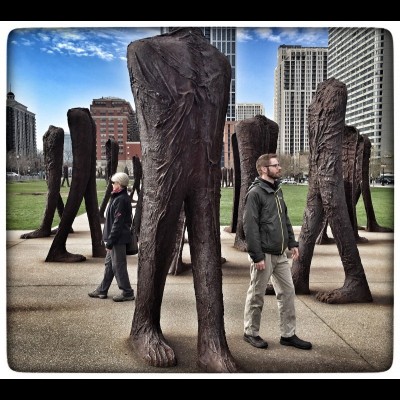 Susan Ewing, author of Resurrecting the Shark, and Leif Tapanila strike a pose in the midst of some cool public art in downtown Chicago.