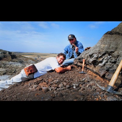 August 31, 2000, the day that Kirk and Ray discovered the KT boundary layer in the Cretaceous badlands of North Dakota. It’s the tan and black layer Kirk has his finger on. 