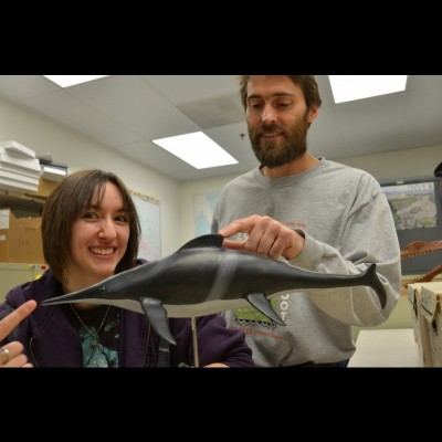 Pat with paleo artist Hannah Bonner and her sculpture of a Triassic aged ichthyosaur called Shonisaurus.