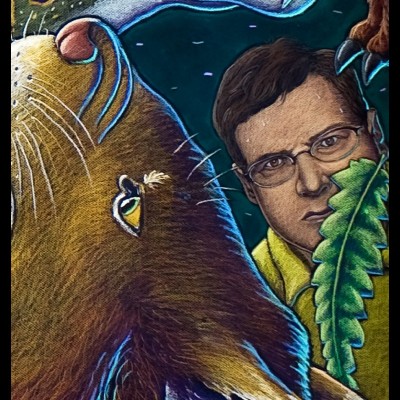 Kirk, sweating and staring out from behind a leaf, a detail from Saber Toothed Everything.