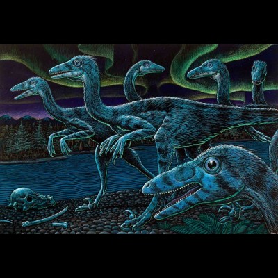 Ray&rsquo;s drawing of a pack of Troodons hunting in the long polar night of the late Cretaceous of Alaska. Did birds evolve directly from this lineage of dinosaurs?