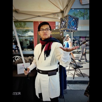 Gabriel cosplaying as a Jedi Archivist for the Cosplay for Science &ldquo;Galactic Archive Pop-Up Museum