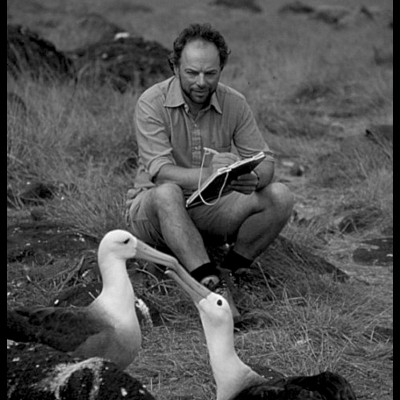 Carl with a waved albatross in the Galapagos Islands. Photo by Tui de Roy.