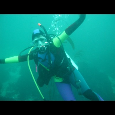 Danna learned to scuba dive at age 12!&nbsp; Here she is, diving in Monterey Bay as a grad student.