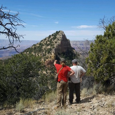 JP and his right-hand man Max Bovis trying to figure out how to get to Fossil Mountain at Grand Canyon National Park. Fossil Mountain is the type section of the Fossil Mountain member of the Kaibab Formation, which has a rich fossil fish record.