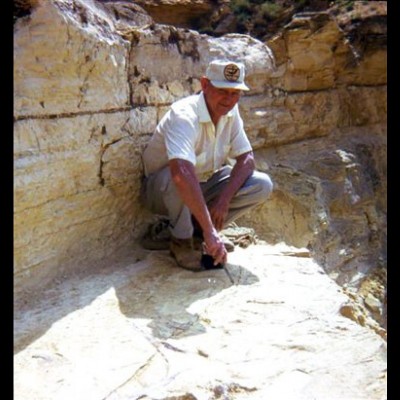 Marion Bonner in the quarry where Bonnerichthys gladius was found.
This specimen was discovered by Chuck and excavated by his father Marion (with the help of their trusty 1949 Chevy Suburban Spiker). It was later documented as a novel species and named after the Bonner family.