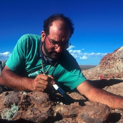 At the Patagonian egg site at Auca Mahuida. Luis' team named it Auca Mahuevo, a play on the name, referencing 'mas huevos,' Spanish for 'more eggs.'&nbsp; The site was discovered in the late 90s.