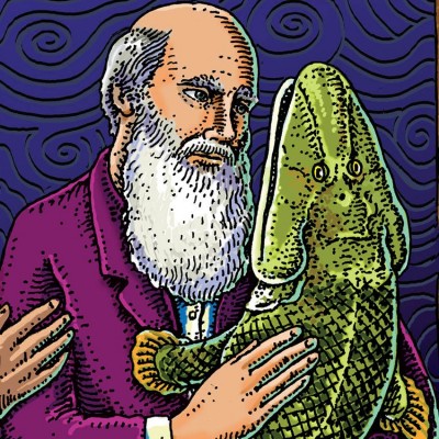 More of Ray's Tiktaalik fanart, this time featuring Charles Darwin, AKA Chuckie D, embracing his lobe-finned ancestor.