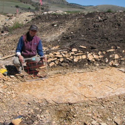 Counting Oligocene-aged leaf fossils near Fossil High School, Fossil, Oregon