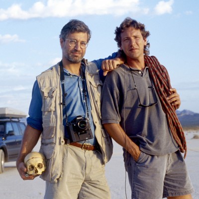 Louie Psihoyos and his collborater John Knoebber with the skull of Edward Drinker Cope the "father" of American paleontology. &copy; Louis Pishoyos 1994