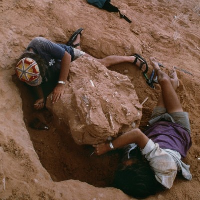 Digging out a beautiful Oviraptor skeleton in the Flamiong Cliffs. &copy; Louie Psihoyos 1994
