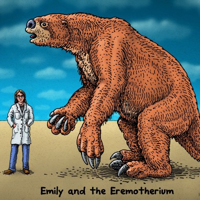 Ray&rsquo;s drawing of Emily Lindsey shown to scale with the giant ground sloth Eremotherium.&nbsp;