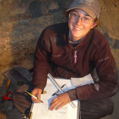 Emily doing stratigraphy in Ba&ntilde;o Nuevo-1 Cave, Chilean Patagonia, 2005.