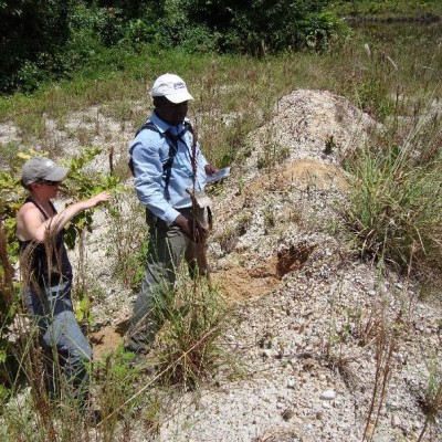 Relocating a decade-old giant sloth fossil site in Guyana, 2009.
