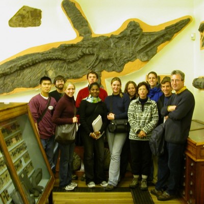 Connie with Colgate students at the Whitby Museum in Whitby, UK.&nbsp; Connie took her students to meet with Roger Osborne, author of The Floating Egg.