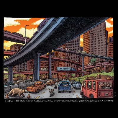 Ray's surreal drawing mixing Pleistocene Los Angeles and a modern day traffic jam. You can spot Ray in the VW van on the right with the 'Further' license plate.&nbsp;