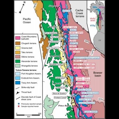 Dave's cheat sheet for the episode, a color-coded map of Southeast Alaska's copious terranes.