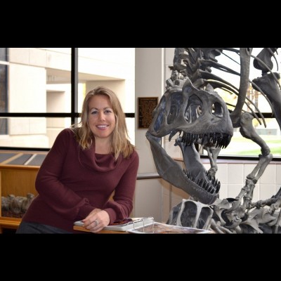 Taking a photo op with the Allosaurus at Fort Hays State University outside the Geosciences department.