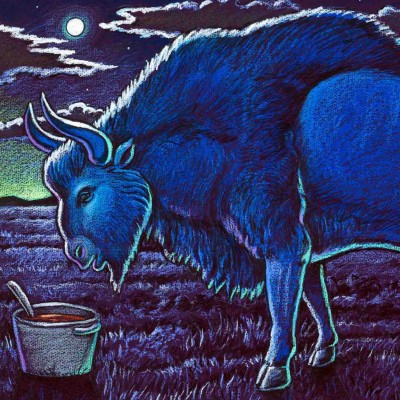 Blue Babe was worked on by a team led by paleontologist Dale Guthrie. It was so well preserved that it had frozen flesh that was still edible.. but barely. Dale told Ray that it tasted "like mud". And yes they served it up in a stew. This is Ray's patel drawing of the infamous bison contemplating it's culinary destiny.&nbsp;