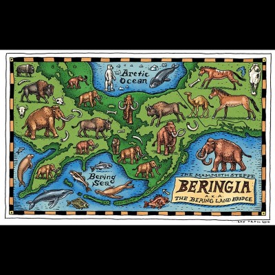 Ray's drawing of the lost land of Beringia which once connected Russia and Alaska, allowing animals and humans to migrate back and forth.