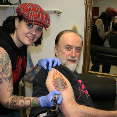 When Ray turned 50 he got his very first tattoo by Angel Jablonski ...of course, it was a flaming trilobite! Guess his love of trilobites is permanent!