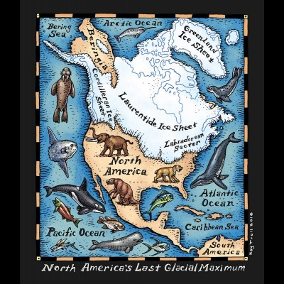 Ray's drawing showing the last glacial maximum in North America. Note that most of Alaska and the Yukon remained ice free.&nbsp;&nbsp;