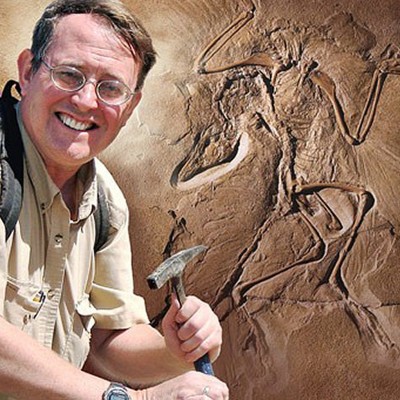 Don Prothero with the famous Berlin specimen of Archaeopteryx photo-shopped behind him.