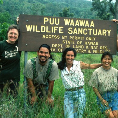 Martha Hansen, Sam Gon, Kim Hum, Jan Eber, Ed Misaki, the Nature Conservancy's 1998 staff photo at Puʻu Waʻawaʻa.
&copy;The Nature Conservancy