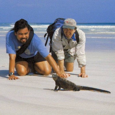Sam communing with the locals in the Galapagos, 1998.