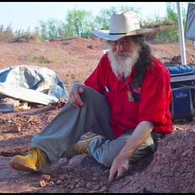 Bob Bakker at a very productive Dimetrodon quarry inear Seymour, Texas.