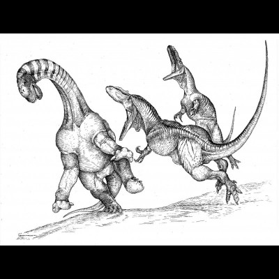 A pair of Epanterias attacking a Camarasuarus. Note the wide open mouth of the Epanterias duo being wielded like a razor sharp battle axe against their prey.&nbsp;