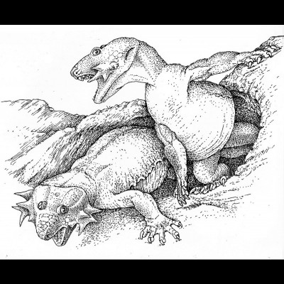 The latest, unpublished, Hypsognathus study. &nbsp;Two males emerge to see what's going on in the Mainstream of evolution. They are last of a venerable line going back to Latest Permian; they wear the most outrageous necklace &nbsp;of spikes pointing forward, sideways, and backward. &nbsp;Anti-predator? &nbsp;Sex dimorphic? Cause of extinction?? &nbsp; Don't know yet.........but you gotta luv those faces