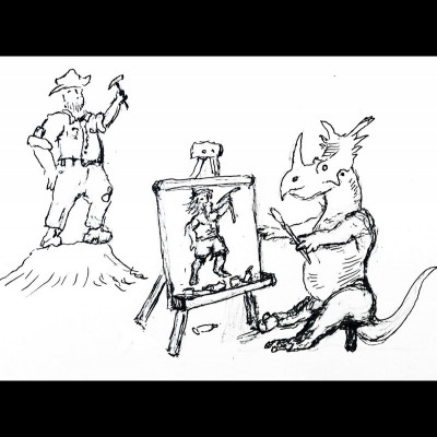 Role Rerversal, a Styracosaurus sketching the noble paleontologist on a pedestal, as drawn by Dr. Bob.&nbsp;