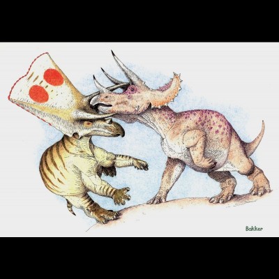 A wonderful Bakker drawing depicting an inter-specie tussle between a Torosaurus and a Triceratops.&nbsp;