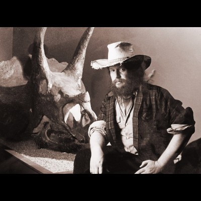 A portrait of Bob Bakker by Martin Natvig, in his younger days seated next to a fine Triceratops skull.&nbsp;