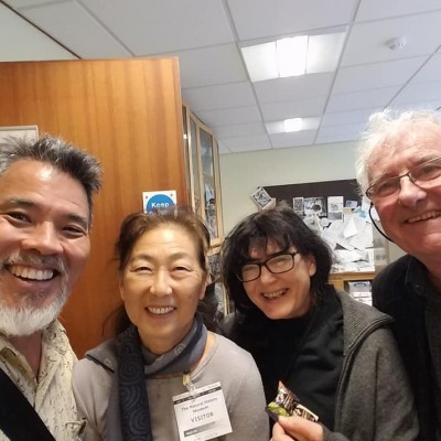 Sam and Sheri Gon with Claire Mellish and trilobitologist Richard Fortey in the collections room at the Natural History Museum in London.