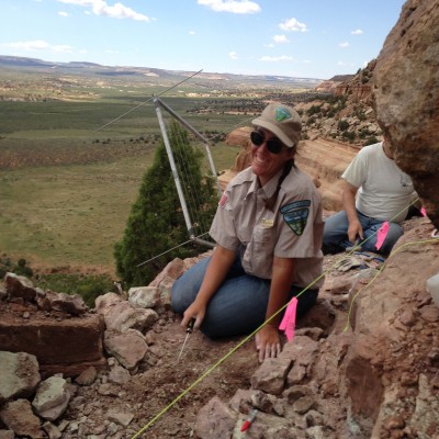 ReBecca excavating the sauropod dinosaur Dystrophaeus. This specimen was the first dinosaur ever found out west in 1859, and crews returned to continue working at the site in Southeastern Utah in 2014.&nbsp;