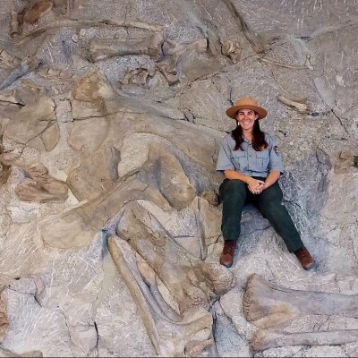 ReBecca on the historic Carnegie Quarry wall at Dinosaur National Monument, surrounded by the bones of Camarasaurus, Apatosaurus, Stegosaurus and Diplodocus.&nbsp;