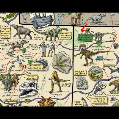 Dinosaur National Monument is located on the southeast flank of the Uinta Mountains on the border between Colorado and Utah. A detail from Ray's 'Cruisin' the Fossil Freeway' fossil map.