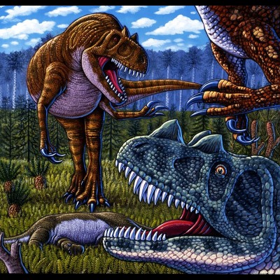 Morrison Mealtime, Ray's painting of three theropod dinosaurs found in the Morrison formation. Allosaurus, Ceratosaurus and the arms of a Torvosaurus lingering around the carcass of a sauropod.&nbsp;