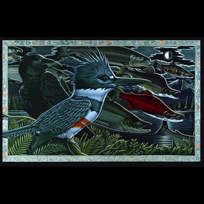 The Kingfisher, Raven and the Half moon run, an oil paiting by Ray. Do birds dream of fish?