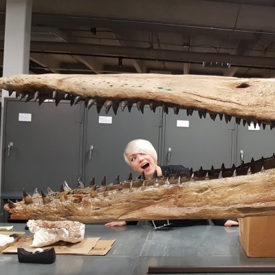 Ashley and an impressive reconstruction of the pliosaurid,&nbsp;Megacephalosaurus eulerti,&nbsp;at the Sternberg Museum of Natural History in Hays, Kansas.