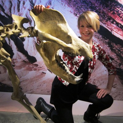 Ray's photo of Ashley with a beautiful cast of the prehistoric bear dog called Amphicyon, at the Raymond Alf Museum in 2010.
