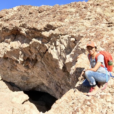 Just before descending into the Pleistocene-age Gypsum Cave, Nevada, 2019. Photo by Vanessa Rhue.